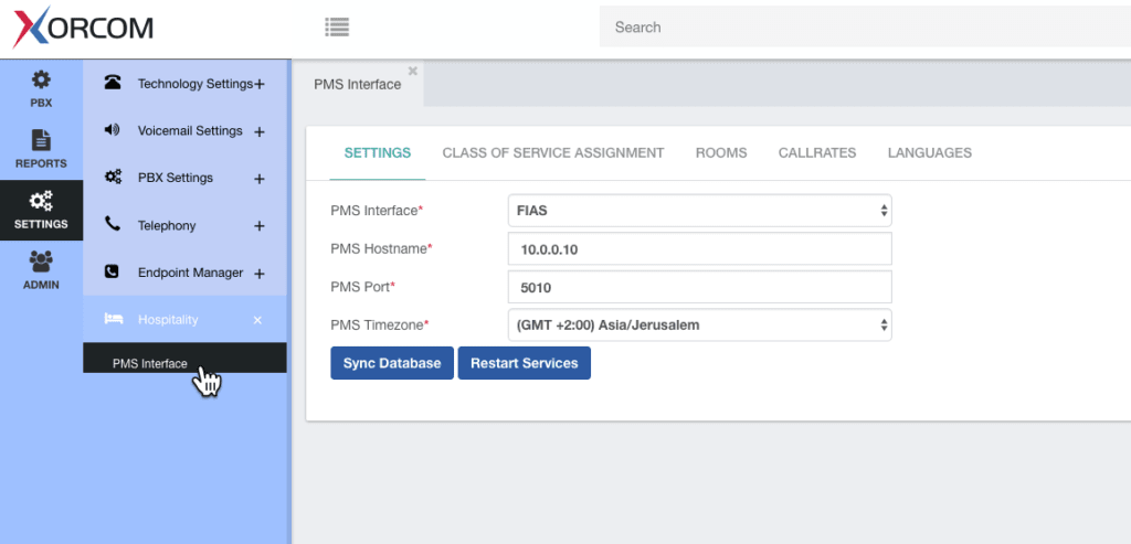 interface utilisateur Xorcom IPBX